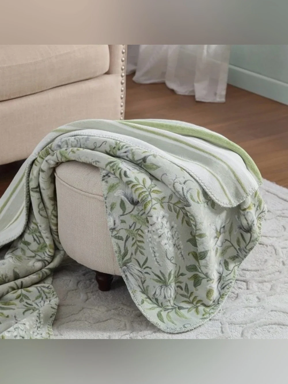 Laura Ashley Green Botanical Stripe Reversible Throw Throw